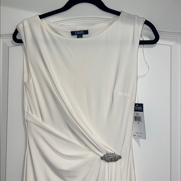 Chaps ivory white maxi dress draped detailing jeweled embellishment size 4 NWT - Picture 2 of 6